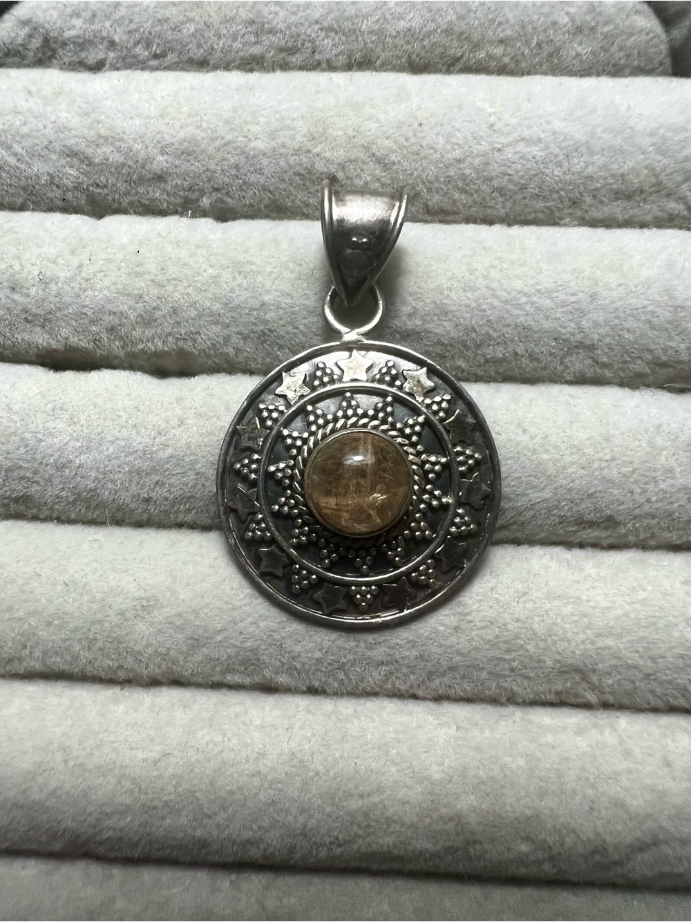 Sterling Silver Round Pendant with Golden Rutile Stone Center